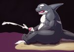 anthro black_body blush bodily_fluids cum ejaculation genital_fluids genitals kemono male overweight overweight_anthro overweight_male penis sitting solo white_body unagi_bukuro cetacean dolphin mammal marine oceanic_dolphin orca toothed_whale 2020 digital_media_(artwork)