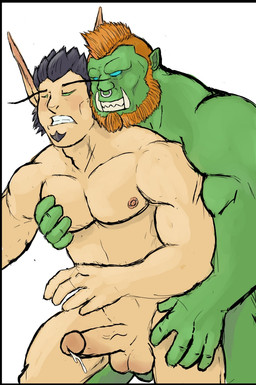 anal anal_penetration balls beard black_hair blue_eyes chinstrap_beard duo erection eyebrows eyes_closed facial_hair facial_piercing from_behind_position genitals green_eyes hair hand_on_pec humanoid_genitalia humanoid_penis humanoid_pointy_ears long_ears long_eyebrows male male/male nipple_piercing nipples nose_piercing nose_ring not_furry orange_hair pecs penetration penile penile_penetration penis penis_in_ass piercing pointy_ears ring_piercing sex simple_background soul_patch tusks white_background montezuma_(artist) blizzard_entertainment warcraft blood_elf elf humanoid orc 2012