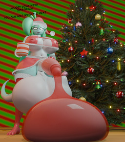 balls big_balls big_breasts big_penis breasts christmas_clothing christmas_headwear clothing cock_vore condom_disposal eyewear genitals glasses green_hair gynomorph hair hat headgear headwear holidays intersex penile penis plant santa_hat solo tree vore z-z christmas rose_(fairyfud) lizard reptile scalie hi_res