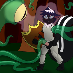 anthro armor black_body black_fur blue_hair bodily_fluids cum duo erection foreskin fur genital_fluids genitals hair humanoid_genitalia humanoid_penis hypnosis male mind_control partially_retracted_foreskin penis penis_in_tentacle plant ringed_eyes sex shield tentacle_fellatio tentacle_sex tentacles tree crisstail mammal mephitid skunk 1:1 story story_in_description