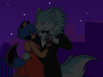 anthro bedroom_eyes building clothed clothing duo female fully_clothed fur hand_holding hand_on_hip interspecies jewelry looking_at_another male male/female narrowed_eyes night raised_tail seductive star suit tail blackmore brand_new_animal studio_trigger michiru_kagemori shirou_ogami canid canine canis mammal raccoon_dog tanuki wolf absurd_res hi_res