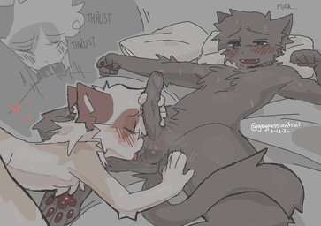 ambiguous_gender anthro ball_lick balls black_body black_fur blush blush_lines bodily_fluids brown_body brown_fur drooling duo erection eyes_closed face_fucking fellatio foreskin fur genital_fluids genitals handjob heart_symbol irrumatio licking long_tail lying male male/ambiguous musk narrowed_eyes nude on_back onomatopoeia open_mouth oral pawpads paws penile penis penis_in_mouth pillow precum profanity saliva sex sound_effects spread_legs spreading sweat sweaty_balls sweaty_genitalia tail text thrust_lines thrusting tongue tongue_out white_body white_fur gaypassionfruit cupid_(gaypassionfruit) zyye domestic_cat felid feline felis mammal ragdoll_cat english_text gynomorph_(lore) intersex_(lore)