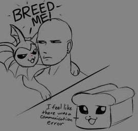 ambiguous_gender blush bread breed_me dialogue duo feral food glare humor impregnation_request in_bread male seductive shitpost text unimpressed what unknown_artist nintendo pokemon eeveelution generation_1_pokemon human mammal pokemon_(species) vaporeon english_text lol_comments meme