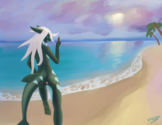 anal anal_penetration anthro beach blue_eyes buttplug buttplug_in_ass buttplug_insertion condom_wrapper female green_body green_skin hair multicolored_body object_in_ass outside penetration plug_(sex_toy) plug_insertion seaside sex_toy sex_toy_in_ass sex_toy_insertion shark_tail solo two_tone_body white_hair k4cea aquatic fish shark hi_res