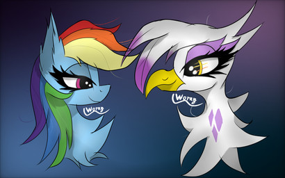 abstract_background blue_body duo eye_contact eyelashes female feral fur gradient_background hair looking_at_another mane multicolored_hair multicolored_mane rainbow_hair rainbow_mane simple_background smile smiling_at_another smiling_at_each_other text white_body wings worny friendship_is_magic hasbro my_little_pony mythology gilda_(mlp) rainbow_dash_(mlp) avian equid equine gryphon horse mammal mythological_avian mythological_creature mythological_equine pegasus pony 16:10 2026 absurd_res digital_drawing_(artwork) digital_media_(artwork) hi_res portrait signature widescreen