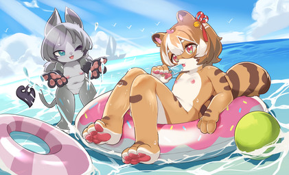 4_fingers 4_toes accessory anthro areola biped black_markings black_tail_tip breasts brown_body brown_ear_tips brown_hair brown_markings cloud countershade_face countershade_feet countershade_fur countershade_hands countershade_legs countershade_neck countershade_torso countershading dipstick_ears dipstick_tail dripping duo ear_markings eyewear feet female fingers food fur glasses gloves_(marking) green_eyes grey_body grey_countershading grey_fur grey_hair hair hair_accessory highlights_(coloring) legs_together markings multicolored_ears multicolored_eyes navel nipples nude one_eye_closed open_mouth open_smile outside pawpads paws pink_inner_ear pink_pawpads pool_float popsicle red_eyes sea sitting sky small_breasts smile spade_tail splash splashing_water standing stripes tail tail_markings toes two_tone_eyes vulva water white_body white_countershading white_highlights young young_anthro young_female sakurami_ruruko potatotanuki_(potatoximon) 2023 character_request colored hi_res shaded
