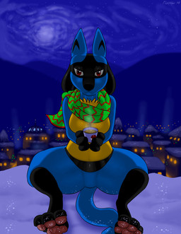anthro black_body black_fur blue_body blue_fur breasts city cityscape female fur hot_drink lights outside scarf snow solo tail winter yellow_body yellow_fur fidchellvore nintendo pokemon canid canine generation_4_pokemon lucario mammal pokemon_(species) 2014