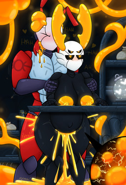 antennae_(anatomy) anthro areola big_breasts biped black_body blush bodily_fluids breasts corruption cum cum_inflation cum_inside detailed_background dialogue drooling duo excessive_cum excessive_genital_fluids eyes_closed female from_behind_position furniture genital_fluids genitals heart_symbol horn impregnation inflation lactating larger_male male male/female mandibles markings multicolored_body nipples onomatopoeia orange_eyes ovum penetration red_body saliva sex size_difference sound_effects sperm_cell standing standing_sex table text thick_thighs vulva wide_hips blobslimey hollow_knight_(franchise) team_cherry caine_(agent_nova) fan_character queen_amber_(blobslimey) the_infection_(hollow_knight) ant arthropod hymenopteran insect vessel_(species) absurd_res hi_res