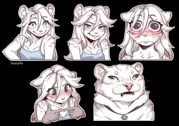 anthro blush bodily_fluids clothed clothing eyelashes female fingers hair looking_at_viewer pupils simple_background smile sweat white_body white_hair spuydjeks felid mammal pantherine tiger hi_res