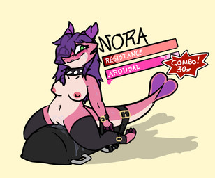 2_horns anthro bdsm belt belt_bondage blush bodily_fluids bondage bound breasts claws clothed clothing collar cum_meter dildo female forced forced_orgasm gameplay_mechanics genital_fluids genitals green_eyes hair horn legwear nipples nude open_mouth orgasm orgasm_control orgasm_meter overstimulation partially_clothed penetration pink_body purple_hair restraints scales sex_toy sex_toy_in_vagina sex_toy_insertion simple_background smile solo spiked_collar spikes status_bar sybian tail text thigh_highs vaginal vaginal_fluids vaginal_penetration vibrator vibrator_in_vagina vibrator_on_clitoris vibrator_on_pussy vulva bizart nora_(stove2) kobold scalie 2025 aliasing digital_drawing_(artwork) digital_media_(artwork) english_text hi_res
