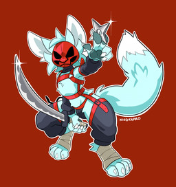 anthro arm_warmers armwear blue_body blue_fur bottomwear bulge claws clothed clothing fox_tail fur holding_object holding_weapon leggings legwear male mask melee_weapon ninja ninja_outfit ninja_suit pawpads ranged_weapon shuriken simple_background skimpy solo straps sword tail warrior weapon wearing_mask wraps kingkapro shinobi_(kingkapro) canid canine fox mammal hi_res