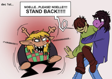 ambiguous_gender anthro antlers blonde_hair bodily_fluids bottomwear brown_body brown_hair clothing dark_hair dialogue evil_grin female footwear group hair hair_over_eyes holidays horn hug jacket looking_at_another messy_hair nervous nervous_sweat pants purple_body purple_skin red_nose scared sharp_teeth shoes simple_background smile speech_box sweat sweater talking_to_another teeth text toony topwear trio wide_eyed monterrang christmas deltarune undertale_(series) kris_dreemurr noelle_holiday susie_(deltarune) deer human mammal new_world_deer reindeer scalie english_text