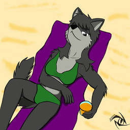 anthro beach beverage biped bird's-eye_view breasts clothed clothing female fur hair high-angle_view holding_glass holding_object juice_(beverage) looking_at_viewer lying on_back on_towel orange_juice outside rabalio relaxing sand seaside simple_background skimpy smile solo summer sun swimwear tail towel jedader sandra_(neroursus) canid canine canis mammal wolf 1:1