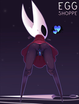 2_horns anthro anus biped black_eyes blue_anus blue_vulva bodily_fluids butt cloak clothing empty_eyes featureless_feet feet female genitals hand_on_leg heart_symbol horn leaning leaning_forward looking_at_viewer looking_back melee_weapon presenting presenting_hindquarters presenting_vulva rear_view simple_background solo standing sweat vulva weapon eggshoppe hollow_knight_(franchise) team_cherry hornet_(hollow_knight) arthropod insect 2019 hi_res
