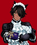 belt big_breasts blush box breasts brown_body brown_hair brown_skin clothing container dark_body dark_skin ear_piercing ear_ring eye_patch eyewear female gift_box gloves hair hair_over_eye hand_on_chest handwear maid_headdress maid_uniform one_eye_obstructed piercing pupils red_background ring_piercing short_hair simple_background slit_pupils smile solo uniform yellow_eyes yotaro_(noirm08) mao_(yotaro) animal_humanoid cat_humanoid felid felid_humanoid feline feline_humanoid humanoid mammal mammal_humanoid absurd_res hi_res