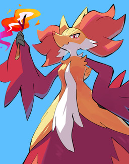 ambiguous_gender anthro big_ears biped blue_background blush blush_lines fire fur holding_object inner_ear_fluff low-angle_view multicolored_body multicolored_fur nude_anthro pointy_nose pokemorph red_body red_eyes red_fur simple_background solo standing tuft white_body white_fur wide_hips yellow_body yellow_fur komanyachi nintendo pokemon canid canine delphox generation_6_pokemon mammal pokemon_(species) 2025 absurd_res hi_res