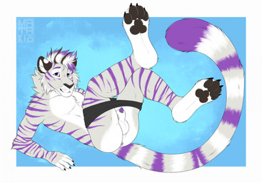 animal_genitalia anthro anus balls black_claws black_pawpads butt cheek_tuft claws clothed clothing facial_tuft fur genitals grey_body grey_fur hair legs_up long_tail looking_at_viewer lying male male_anthro markings mohawk on_back partially_clothed pawpads paws purple_markings sheath short_hair snout solo tail tuft underwear underwear_down whiskers mataki23 felid mammal pantherine tiger colored digital_drawing_(artwork) digital_media_(artwork) flat_colors hi_res