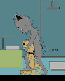 adult_on_young age_difference anthro bathroom big_penis blue_eyes bodily_fluids butt cum cum_in_mouth cum_inside duo ejaculation genital_fluids genitals grey_body intersex intersex/male kneeling male male/male penetration penis sex tail yellow_body yellow_eyes young younger_penetrated wolpix max_the_cat min_the_cat humanoid absurd_res hi_res brother_(lore) brothers_(lore) sibling_(lore)