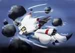 angry anthro breaking clenched_teeth flying horn male rock solo teeth white_body wings yellow_eyes gekkart bandai_namco digimon digimon_ghost_game digimon_(species) gammamon hi_res