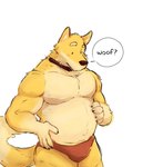 anthro belly black_collar black_nose briefs bulge clothing collar hand_on_belly male musclegut muscular muscular_anthro muscular_male overweight overweight_anthro overweight_male pecs red_briefs red_clothing red_underwear simple_background snout solo speech_bubble standing tail three-quarter_view underwear white_background woof_(sound_effect) tangkookie canid canine canis domestic_dog mammal digital_media_(artwork) hi_res portrait three-quarter_portrait