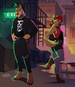 4_toes 5_fingers alley alternative_fashion anthro barefoot black_hair black_nose blonde_highlights bottomwear breasts brown_body brown_fur brown_nose butt chain chain_in_mouth chain_piercing claws clothed clothed_anthro clothed_female clothed_male clothing collar duo ear_piercing eyelashes fangs feet female finger_claws fingers fur hair highlights_(coloring) hindpaw humanoid_hands jacket long_eyelashes male markings mohawk pants pawpads paws piercing pink_pawpads punk red_hair safety_pin safety_pin_in_ear shorts smile spiked_collar spikes spots spotted_body spotted_face spotted_fur spotted_markings spotted_shoulders spotted_tail standing tail tail_markings teeth toe_claws toes topwear tuft wearing_collar lustrum suicide_(lustrum) trash_(lustrum) canid canine canis dobermann domestic_dog hyena mammal pinscher spotted_hyena hi_res