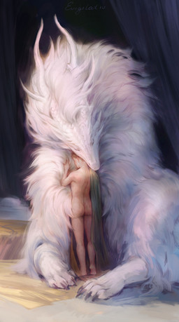 ambiguous_gender black_claws claws duo feral fur horn hug hugging_another nude scales size_difference white_body white_fur white_horn white_scales evigilatio mythology dragon furred_dragon furred_scalie human mammal mythological_creature mythological_scalie scalie absurd_res hi_res