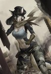 5_fingers anthro black_hair blue_eyes breasts clothed clothing day detailed_background eyebrows eyelashes female fingers hair outside sky solo standing elvofirida thirrin_(grishmark) canid canine mammal 2021 digital_media_(artwork) hi_res