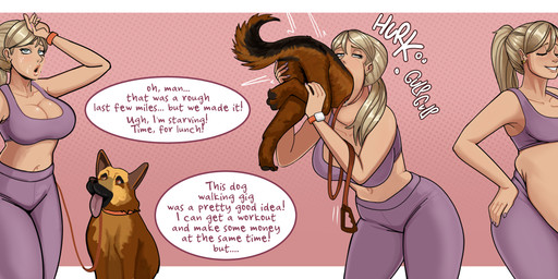 ambiguous_gender ambiguous_prey blonde_hair bodily_fluids bottle bottomwear bra breasts brown_body brown_fur clock clothed clothing collar colored_nails container dialogue eyes_closed female female/ambiguous female_pred feral feral_prey fur hair head_first human_pred imminent_digestion nails oral_vore pants petsitting sports_bra sweat tail tongue tongue_out underwear unwilling_prey vore watch water_bottle willing_pred yoga_pants lolotron6 canid canine canis domestic_dog human mammal absurd_res hi_res
