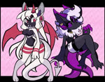 2_horns 3_eyes 3_toes anthro bottomwear breasts circle_eyebrows clothing collar duo eyebrows eyelashes fangs featureless_breasts feet female fingers fur gold_ear_ring grey_body hair horn inner_ear_fluff long_hair mouth_closed multi-horn multi_eye purple_horn purple_sclera red_eyes red_horn red_wings small_waist tail teeth toes topwear tuft white_body white_fur white_hair white_tail wings qwerty_soda hybrid species_request 2022 animated digital_media_(artwork) no_sound short_playtime webm