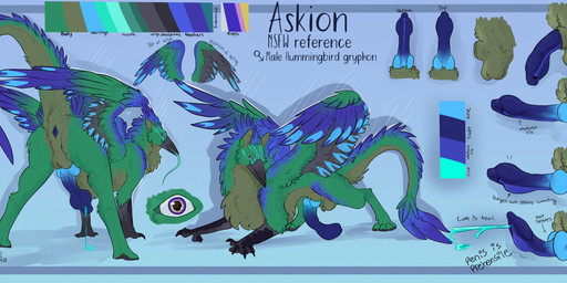 animal_genitalia anus ass_up balls blue_anus blue_body blue_fur blue_penis bodily_fluids brown_body brown_fur colored_cum cum digitigrade erection feathered_wings feathers feral fur genital_fluids genitals green_body green_feathers green_fur knot long_tongue looking_at_viewer male penis perineum presenting presenting_anus purple_body purple_feathers quadruped raised_tail sheath solo tail teal_cum text tongue unusual_anatomy unusual_bodily_fluids unusual_cum unusual_genital_fluids unusual_genitalia unusual_penis urethral_bulge wings hollyvardia mythology askion_(saber15) avian gryphon mythological_avian mythological_creature english_text hi_res model_sheet