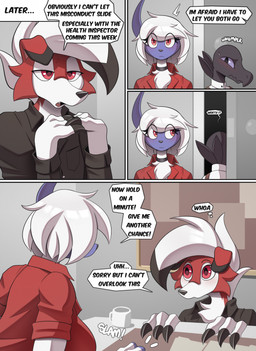 anthro biped breasts clothed clothed_anthro clothed_female clothed_male clothing dialogue female fired front_view fur group horn infatuation inside male red_eyes standing text trio cooliehigh nintendo pokemon absol canid canine generation_3_pokemon generation_7_pokemon lycanroc mammal midnight_lycanroc pokemon_(species) reptile salandit scalie 2026 comic digital_drawing_(artwork) digital_media_(artwork) english_text hi_res