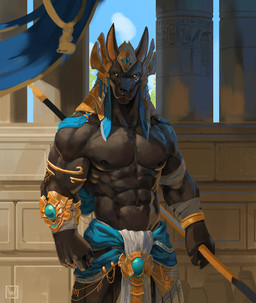 anthro black_body clothing egyptian headdress holding_object holding_weapon looking_at_viewer male muscular muscular_anthro muscular_male solo weapon yellow_eyes neungsonie egyptian_mythology middle_eastern_mythology mythology anubis anubian_jackal canid canine canis deity jackal mammal hi_res