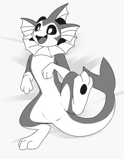 ambiguous_gender anthro bedding bedding_background ear_frill fangs featureless_crotch forked_tail frill_(anatomy) gloves_(marking) head_crest head_frill horn leg_markings markings neck_frill open_mouth open_smile semi-anthro smile socks_(marking) solo tail teeth tongue unusual_anatomy unusual_tail martinballamore nintendo pokemon eeveelution generation_1_pokemon pokemon_(species) vaporeon absurd_res hi_res monochrome