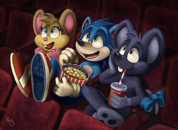 accessory anthro black_nose blue_body blue_eyes bow_ribbon brown_body brown_fur clothing drinking drinking_straw female female_anthro footwear fur furgonomics glistening glistening_eyes gloves green_eyes grey_body grey_fur group handwear logo male male_anthro nude open_mouth open_smile pink_nose red_clothing red_footwear red_shoes red_tongue ribbons shoes smile tail tail_accessory tail_bow tail_ribbon tan_body tan_fur tongue trio white_clothing white_gloves white_handwear young young_anthro young_male pandapaco sega sonic_the_hedgehog_(series) sonic_the_hedgehog eulipotyphlan hedgehog mammal mouse murid murine rodent artist_logo signature