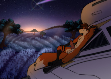 anthro fur genitals hand_on_leg hand_under_head knot lying male multicolored_body multicolored_fur on_back orange_body orange_fur penis shooting_star solo stargazing vehicle azaleesh canid canine fox mammal absurd_res hi_res