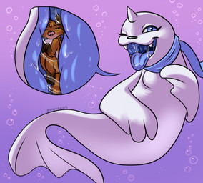 air_bubble ambiguous_gender blue_eyes blue_insides blue_scarf blue_tongue bodily_fluids brown_body brown_fur cutaway dipstick_tail duo eyes_closed female feral fin fur gradient_background horn internal internal_oral leg_markings looking_at_viewer markings narrowed_eyes neck_bulge one_eye_closed open_mouth open_smile oral_vore purple_background saliva saliva_string scarf simple_background smile socks_(marking) tail tail_fin tail_markings teeth text tongue tongue_out underwater uvula vore water white_body white_fur wink winking_at_viewer rainypaws nintendo pokemon endivie_(rainypaws) canid canine dewgong fox generation_1_pokemon mammal pokemon_(species) artist_name