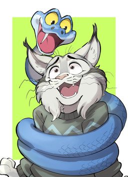 anthro blue_body blue_scales bound clothing coiling duo fangs feral fur grey_body grey_fur hug male male/male open_mouth scales simple_background smile sweater teeth topwear whiskers yellow_eyes kinoshita-jiroh disney zootopia gary_de'snake pawbert_lynxley canada_lynx felid feline lynx mammal pit_viper reptile scalie snake viper hi_res