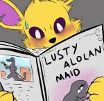 2016 absurd_res anthro anthrofied bald bethesda_softworks blush bodily_fluids canid canine chaifennec claws close-up eeveelution english_text female fur generation_1_pokemon generation_7_pokemon hi_res humor jolteon lizard long_ears looking_at_viewer looking_down magazine male mammal melee_weapon microsoft nintendo notched_ear nude open_mouth pokemon pokemon_(species) pokemorph polearm reading reptile salazzle scalie smile solo spear standing sweat text the_elder_scrolls the_lusty_argonian_maid weapon