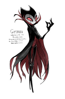 2_horns ambiguous_gender anthro biped black_body black_text cloak clothed clothing empty_eyes fingers horn name_drop red_eyes simple_background solo standing text white_background tesso_no_ori hollow_knight_(franchise) team_cherry grimm_(hollow_knight) arthropod 2020 absurd_res english_text hi_res japanese_text translation_check translation_request
