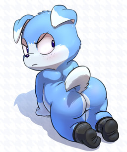 all_fours angry anthro black_clothing black_footwear black_socks blue_arms blue_body blue_butt blue_ears blue_eyes blue_fingers blue_fur blue_hands blue_legs blue_tail butt clothing dipstick_ears ear_markings footwear footwear_only freckled_face freckles fur male mostly_nude multicolored_ears simple_background socks socks_only solo tail young young_anthro lkiws canid canine canis domestic_dog mammal colored digital_drawing_(artwork) digital_media_(artwork) hi_res shaded