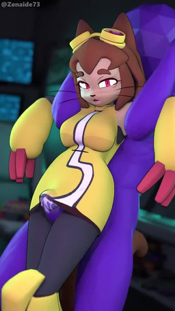 anthro big_penis black_clothing black_legwear black_thigh_highs blush bodily_fluids brown_hair cat_tail clothed clothed_sex clothing cum cum_drip dripping duo ejaculation erection erection_under_clothing eyewear eyewear_on_head fangs female genital_fluids genitals goggles goggles_on_head grinding hair huge_penis jacket leaking_cum legwear lifted lifting looking_back male male/female penis purple_body red_eyes sex teeth thigh_highs thigh_sex thrusting topwear whiskers yellow_clothing yellow_jacket_(clothing) yellow_topwear zenaide gameoverse glitch_productions kit_bodega animal_humanoid cat_humanoid felid felid_humanoid feline feline_humanoid felis human humanoid mammal mammal_humanoid 3d_(artwork) 3d_animation 9:16 animated digital_media_(artwork) hi_res no_sound short_playtime video