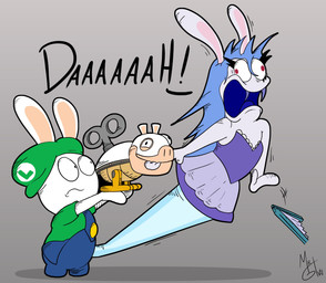 anthro bite black_eyes blue_body blue_clothing blue_overalls blue_tongue carrying_another clothed clothed_anthro clothed_female clothed_male clothing dress dropping_object duo eyelashes fangs female fully_clothed fully_clothed_anthro fully_clothed_male fur green_clothing green_hat green_headwear green_shirt green_topwear hand_bite hat headgear headwear legless long_ears machine male mitten_hands motion_lines noseless open_mouth overalls paper_fan pink_inner_ear purple_clothing purple_dress purple_teeth red_eyes shirt short_legs sideways_hat simple_background standing straight_arms tan_inner_ear teeth tongue topwear white_body white_fur yellow_legs mrgametv1994 mario_bros mario_plus_rabbids_kingdom_battle mario_plus_rabbids_sparks_of_hope nintendo raving_rabbids rayman_(series) ubisoft midnite_(mario_plus_rabbids) rabbid_luigi ghost hybrid koopa lagomorph mammal mechakoopa rabbid robot scalie spirit 2023 absurd_res colored crossover digital_drawing_(artwork) digital_media_(artwork) hi_res shaded signature