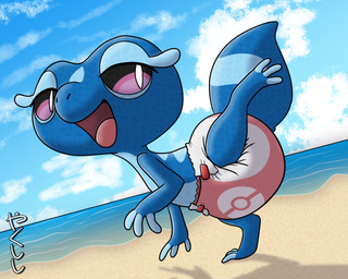 ambiguous_gender beach big_diaper black_sclera cloud diaper eyelashes feral happy open_mouth pink_eyes raised_leg sea sky solo water conditional_dnp yakukitsu nintendo pokemon gecqua generation_10_pokemon pokemon_(species) 2026 5:4 hi_res