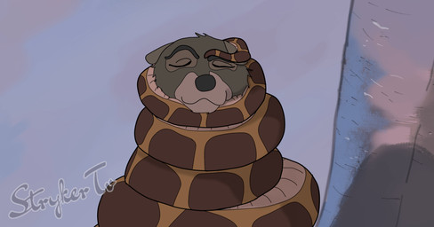 bdsm bondage bound brown_body brown_fur brown_spots coiling female feral fur hypnotic_eyes hypnotized_prey male male/female spots squeezed tail thick_tail strykertv the_jungle_book kaa_(jungle_book) raksha_(jungle_book) canid canine canis mammal reptile scalie snake wolf animated hi_res