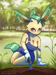 3:4 absurd_res anthro big_breasts breasts cleavage clothed clothing digital_media_(artwork) dirt eeveelution female forest generation_4_pokemon gloves grass hair handwear headgear headwear hi_res holding_object leafeon looking_down nintendo off_shoulder outside overalls overalls_only plant pokemon pokemon_(species) shovel smile solo tangeluscious tools tree