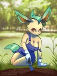 anthro big_breasts breasts cleavage clothed clothing dirt female forest gloves grass hair handwear headgear headwear holding_object looking_down off_shoulder outside overalls overalls_only plant shovel smile solo tools tree tangeluscious nintendo pokemon eeveelution generation_4_pokemon leafeon pokemon_(species) 3:4 absurd_res digital_media_(artwork) hi_res