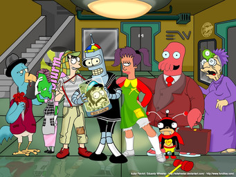 black_hair cape clothing elderly_male eyewear facial_hair female glasses group hair machine male mustache open_mouth parody purple_hair red_cape red_clothing smile stairs eduardo_wheeler chespirito comedy_central el_chapulin_colorado el_chavo_del_ocho futurama bender_bending_rodríguez doctor_zoidberg don_ramon dona_florinda el_chapulin_colorado_(character) el_chavo hubert_j._farnsworth kif_kroker la_chilindrina nibbler philip_j._fry que quico senor_barriga turanga_leela alien aquatic arthropod avian bird crustacean cyclops decapodian_(futurama) human mammal robot 4:3
