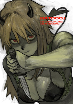 big_breasts bra breasts cleavage clothed clothing female holding_knife holding_object horn knife spade_tail tail underwear batooo_j dorohedoro nikaido_(dorohedoro) demon demon_humanoid humanoid
