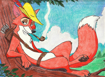 anthro arrow_(weapon) belt bycocket claws clothing finger_claws hat hat_feather headgear headwear in_tree leaf loose_feather male mostly_nude pawpads plant quiver_(object) ranged_weapon reclining sky smoke smoking_pipe solo tobacco_pipe toe_claws tree weapon zaeryn disney robin_hood_(disney) robin_hood canid canine fox mammal red_fox true_fox hi_res traditional_media_(artwork)