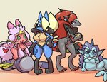 alternate_species anthro big_breasts blue_body breast_size_difference breasts digitigrade eyewear featureless_breasts featureless_crotch female glasses group looking_at_viewer looking_away medium_breasts round_glasses short_stack simple_background sitting smile standing wheover nintendo pokemon jackie_applin lienna_arara minepta_podena veeness eeveelution generation_1_pokemon generation_4_pokemon generation_5_pokemon generation_9_pokemon lucario pokemon_(species) tinkaton vaporeon zoroark 2022 digital_media_(artwork) hi_res